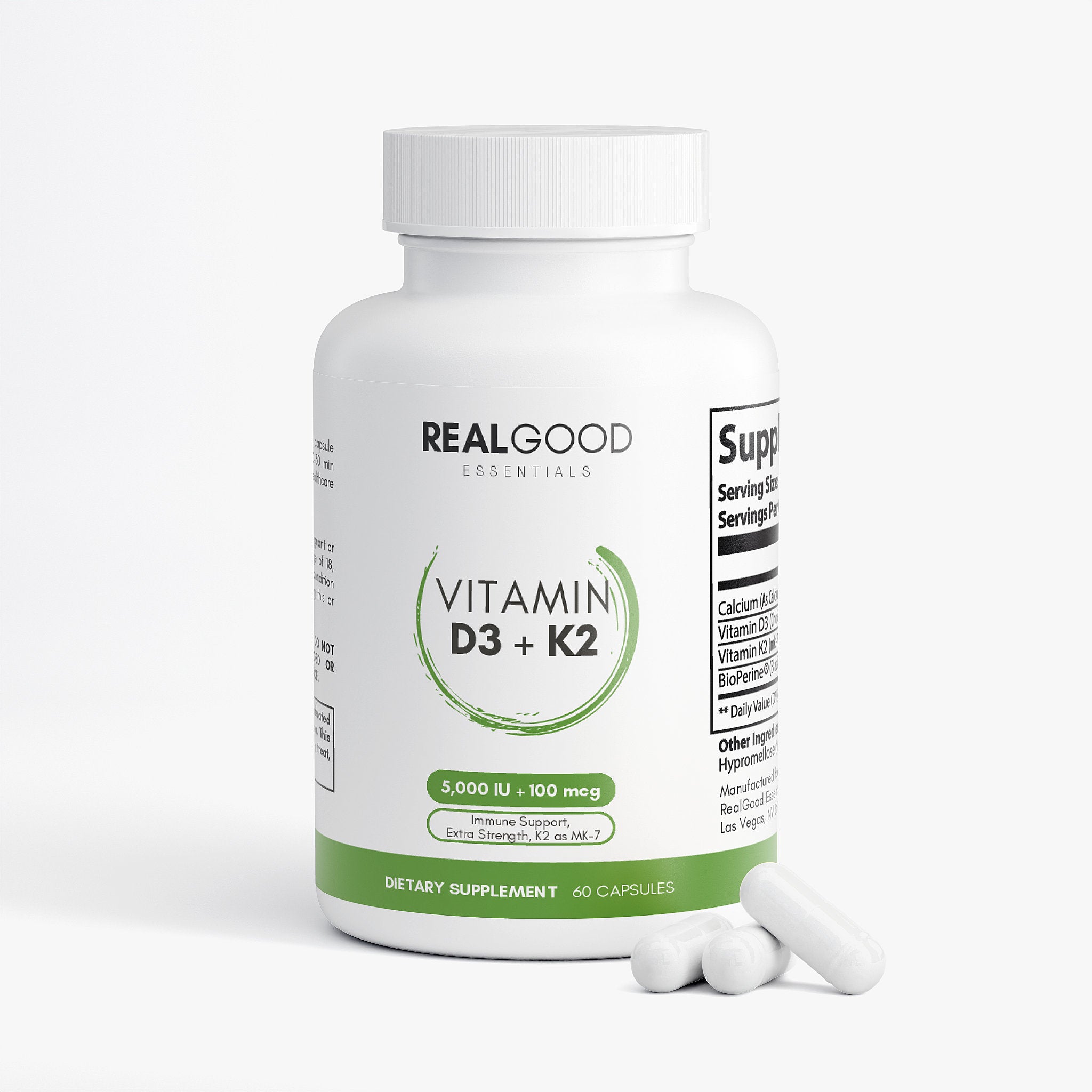 Vitamin D3 & K2 (MK7) | 5,000 IU + 100 mcg | 60 Veggie Capsules