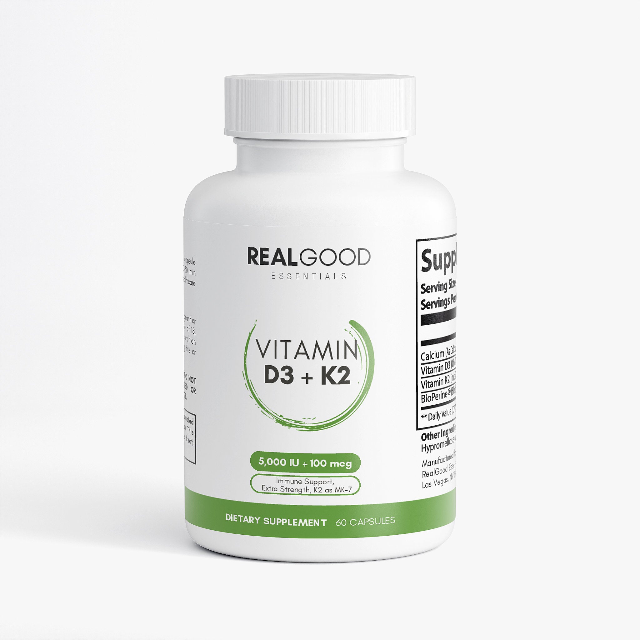 Vitamin D3 & K2 (MK7) | 5,000 IU + 100 mcg | 60 Veggie Capsules