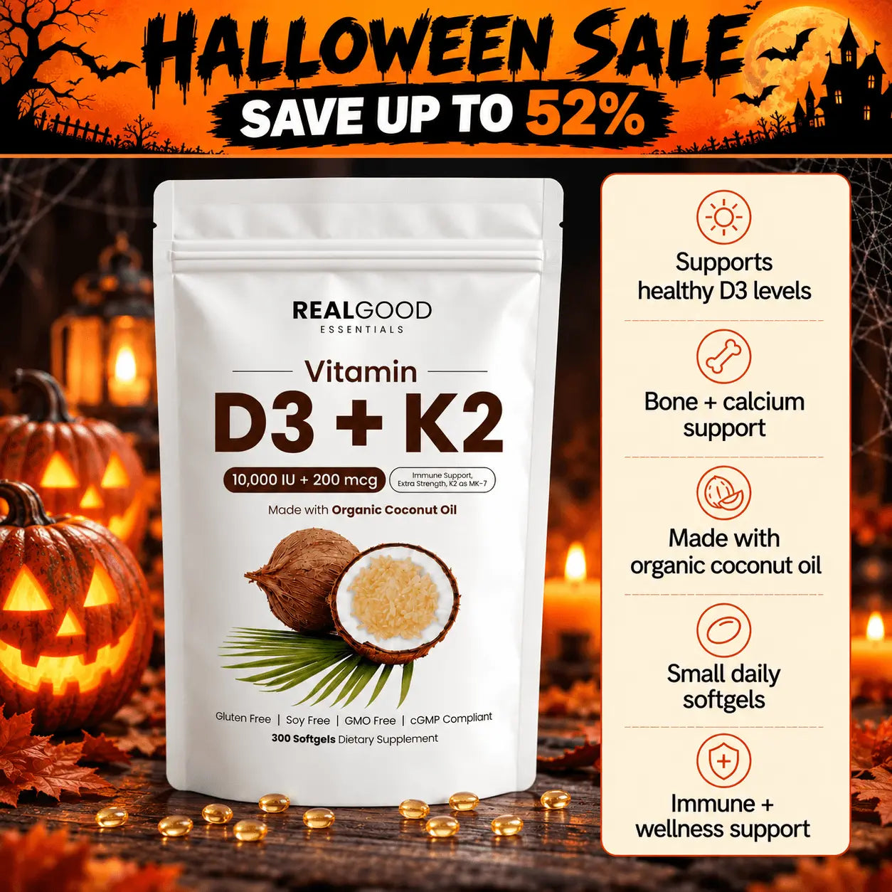 D3+K2 (MK7) Coconut Oil Softgels
